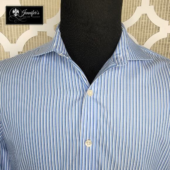 MICHAEL Michael Kors Men's Blue White Stripe Non-Iron Long Sleeve Shirt - Picture 2 of 8